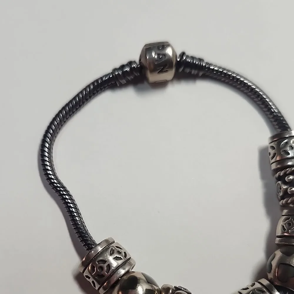 Pandora Sterling Silver Bead Charm Bracelet with Pearl Drop 9 Charms 925 ALE